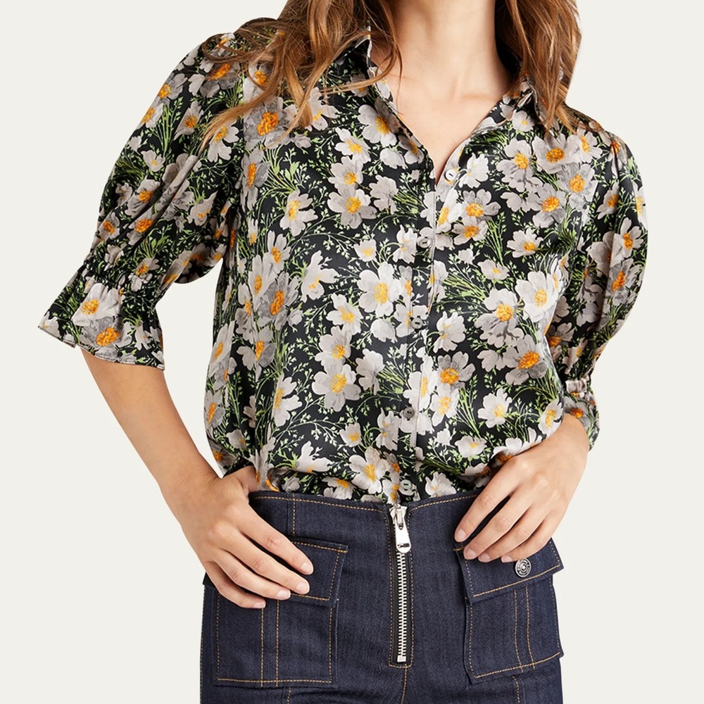 Cinq A Sept Fiona Puff-Sleeve Cosmo-Flower Top Button Up Satin Floral Blouse- L